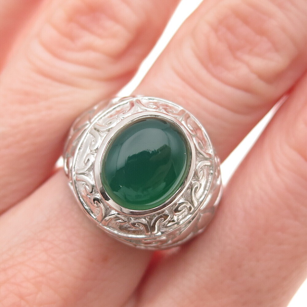 925 Sterling Silver Real Green Agate Floral Scroll Ring Size 7.75